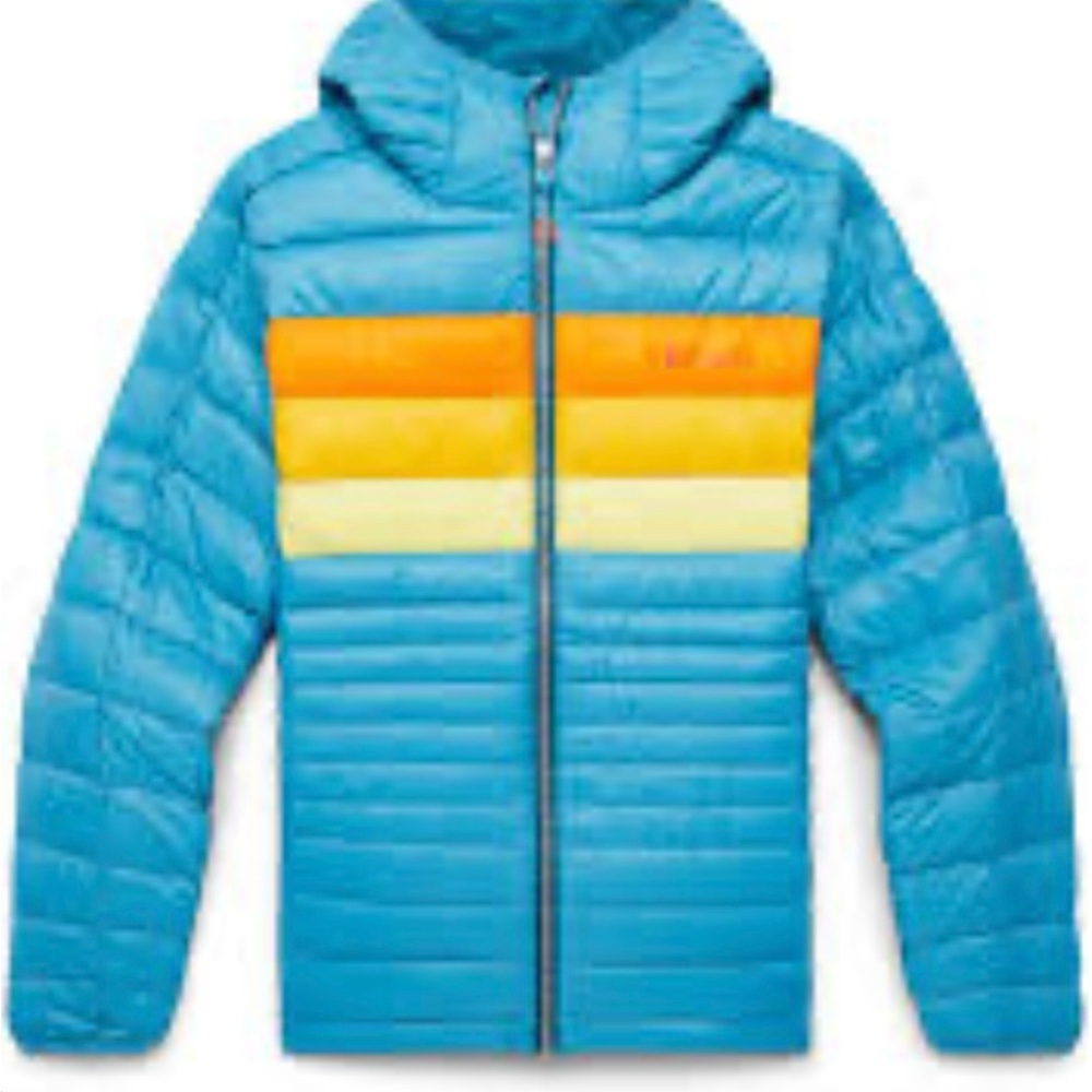 Cotapaxi fuego hooded down jacket, NWT
Women: XXL. 
Color: Poolside Stripes.